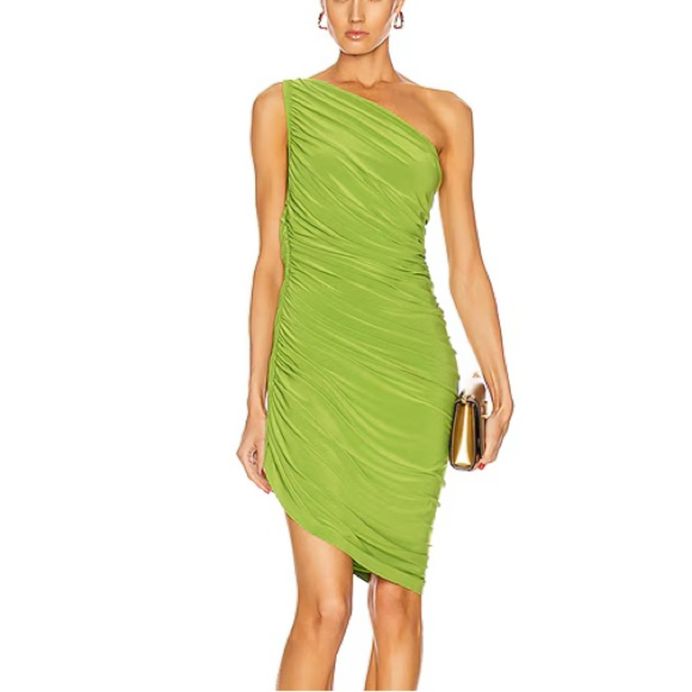 Norma Kamali One-Shoulder Lime Green Ruched Cocktail Dress